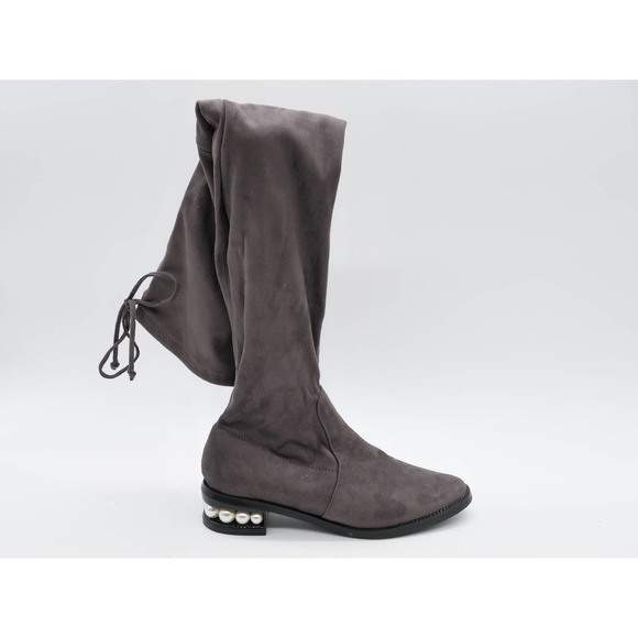 Catherine Malandrino Sock Boots Womens 7 Gray Fabric Pearl Heel Thigh Highs - Picture 4 of 11